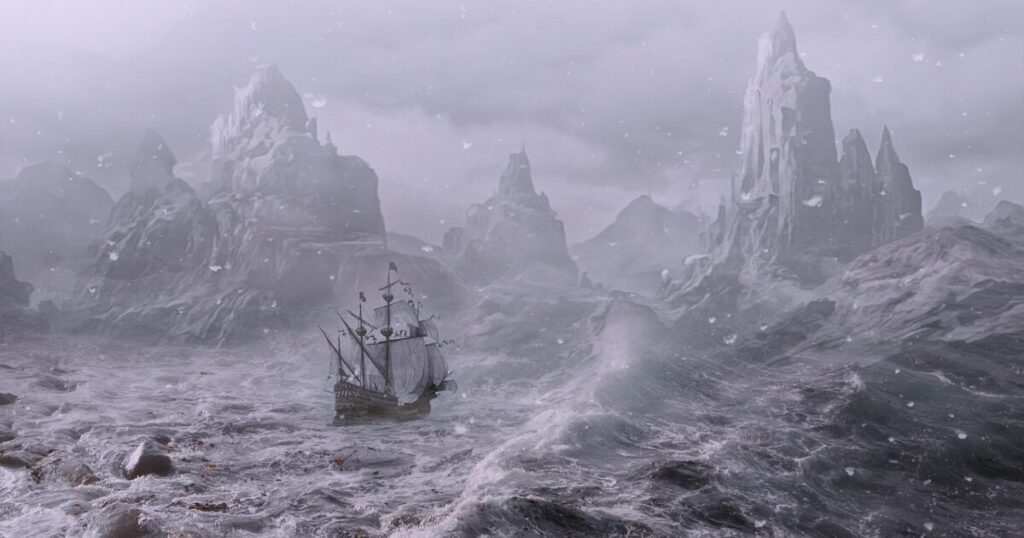 荒れた海でコントロールを失い漂流する小舟