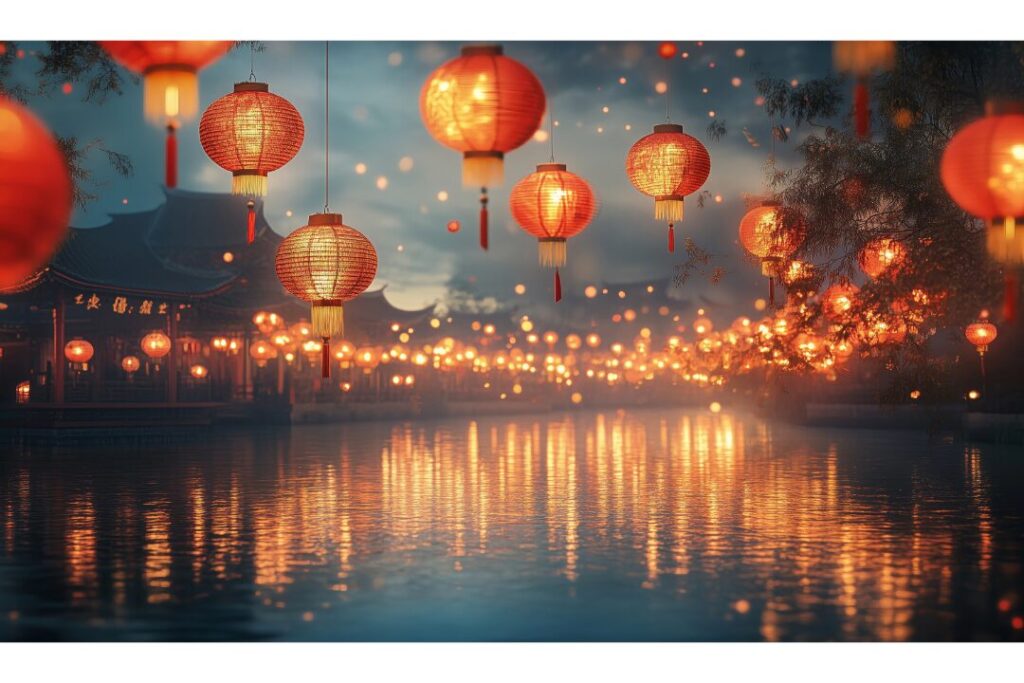 2026年春節（旧正月）を祝う赤いランタンと飾りのイメージ