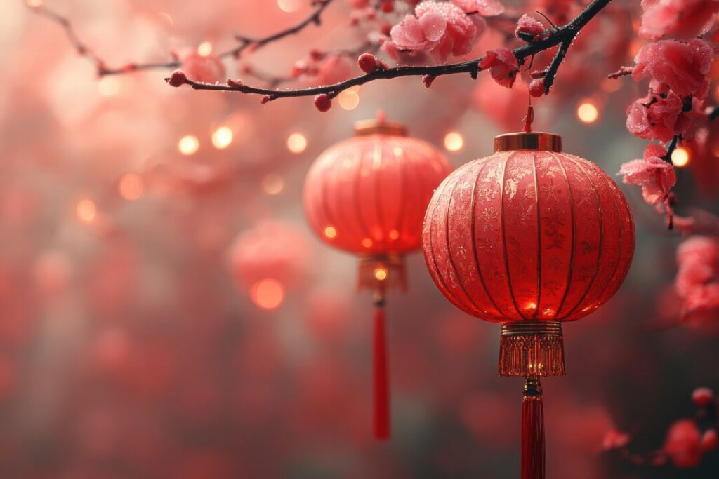 2026年春節（旧正月）を祝う赤いランタンと飾りのイメージ