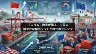 米国から欧州市場へ輸出先をシフトさせる大量のコンテナと巨大貨物船の物理的な物流イメージ